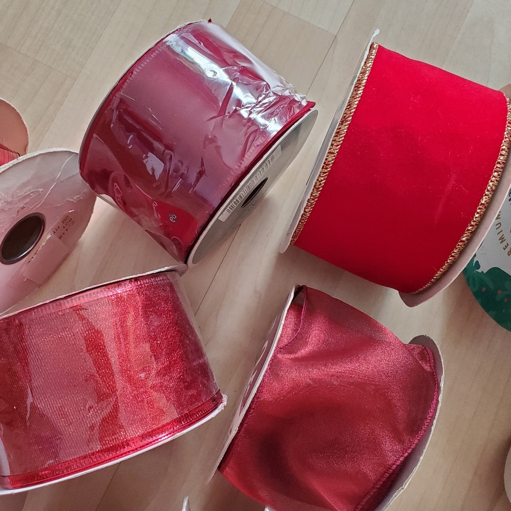 Red Ribbon Bundle Lot, Types Metallic, Sheer, Satin, Velvet Gift Wrapping - Picture 5 of 12